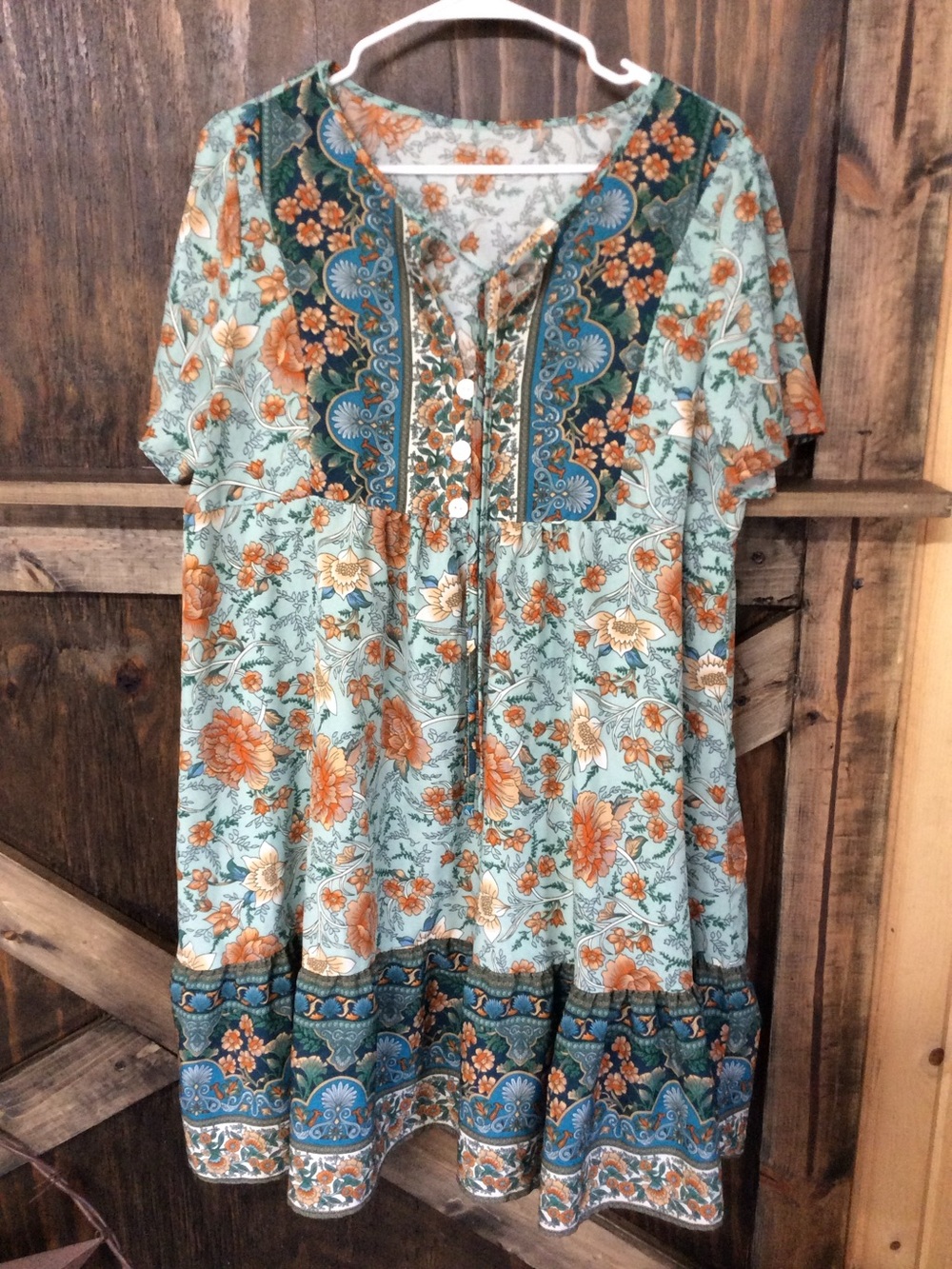 Floral Boho Midi Dress in Mint and Rust